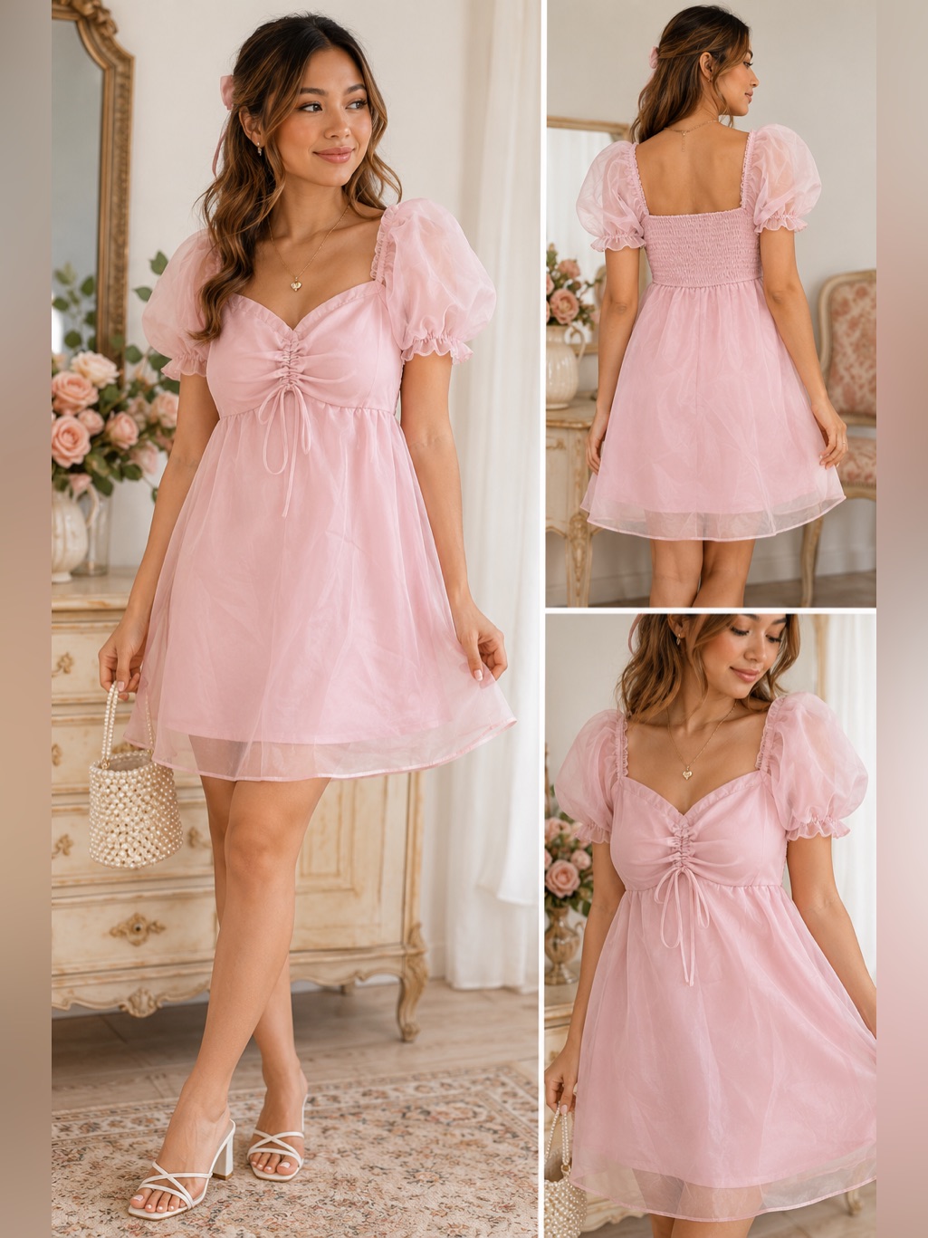 Pink Organza Puff Sleeve Babydoll Dress Fairycore Cottagecore Mini Dress